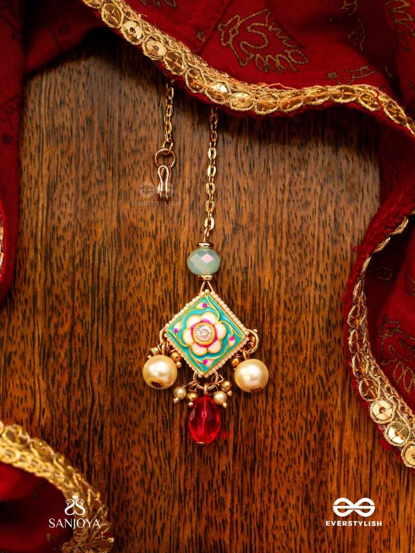 ANUPAMA - INCOMPARABLE BEAUTY - STATEMENT ENAMELLED KUNDAN MAANGTIKA WITH DAZZLING PEARLS, BEADS AND GEMS