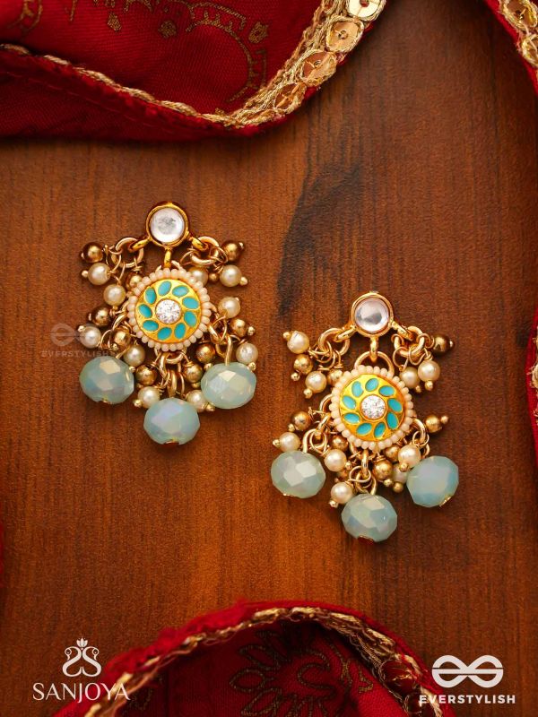 VARUNIKA - GODDESS OF WATER - GRACEFUL BLUE ENAMEL KUNDAN EARRINGS WITH LUSTROUS DROPS