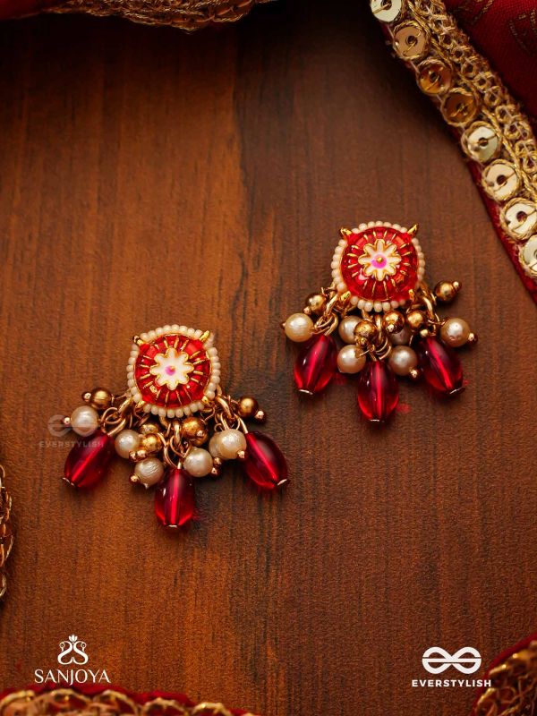 TRADITIONAL RED ENAMELLED POLKI EARRINGS WITH LUSTROUS BEADS AND PEARLS