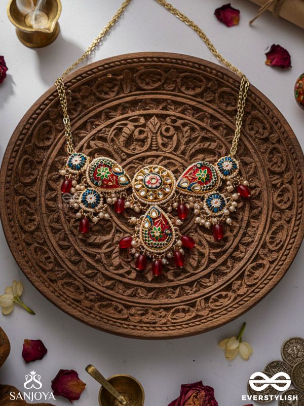 SUVARNAPUSHPA - GOLDEN BLOSSOM - LUXURIOUS HERITAGE KUNDAN NECKLACE WITH RED AND BLUE ENAMEL WORK, PEARLS AND BEADS