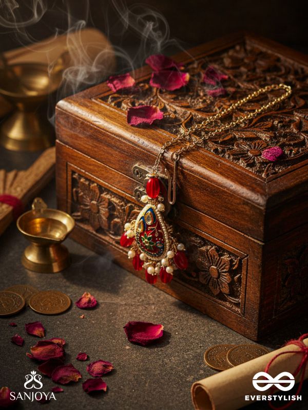 SUVARNAPUSHPA - GOLDEN BLOSSOM - LUXURIOUS HERITAGE KUNDAN MAANGTIKA WITH RED AND BLUE ENAMEL WORK, PEARLS AND BEADS