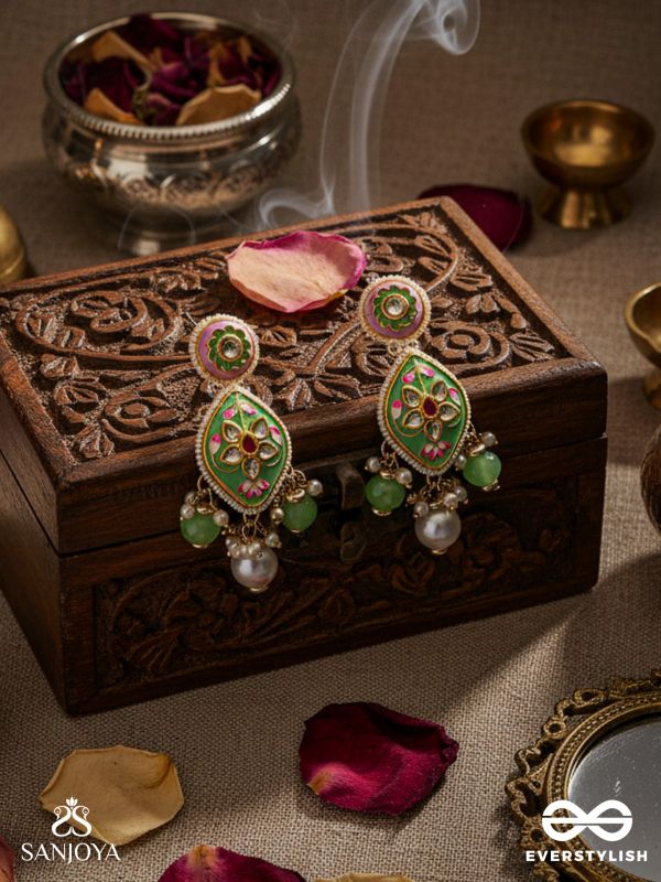 HARITRINA - VERDANT BEAUTY - KUNDAN DAINTY GOLDEN EARRINGS WITH HANDCRAFTED FLORAL ENAMEL WORK