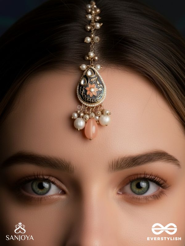 SANDHYAPRIYA - LOVER OF DUSK - EXQUISITE GOLDEN ENAMELLED KUNDAN MAANGTIKA WITH LUSTROUS ORANGE GEM DROPS