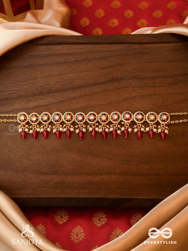 RUDRARAGA - MELODY OF RED - INTRICATE KUNDAN CHOKER WITH RUBY BEADS AND GOLDEN DETAILS