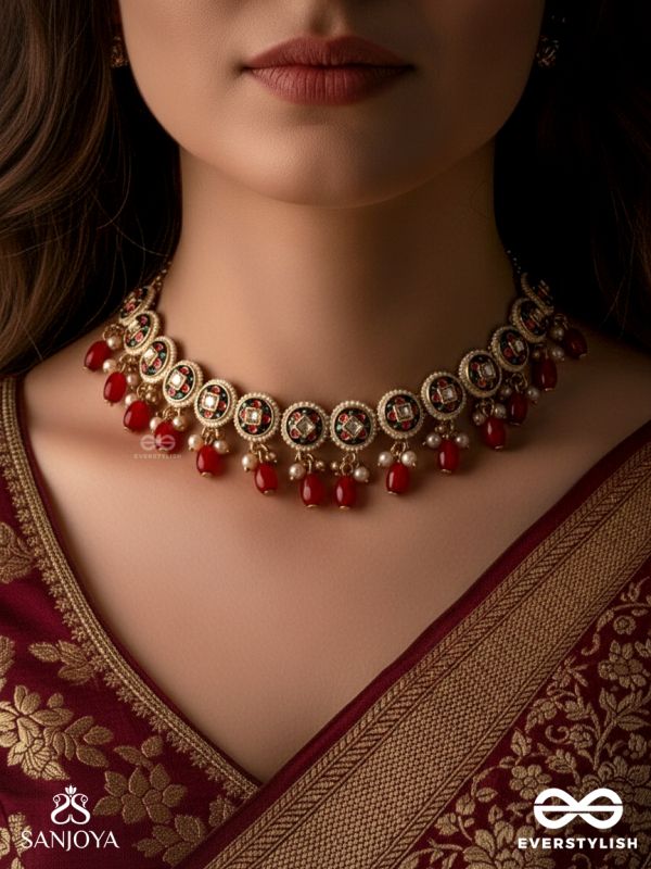 RUDRARAGA - MELODY OF RED - INTRICATE KUNDAN CHOKER WITH RUBY BEADS AND GOLDEN DETAILS