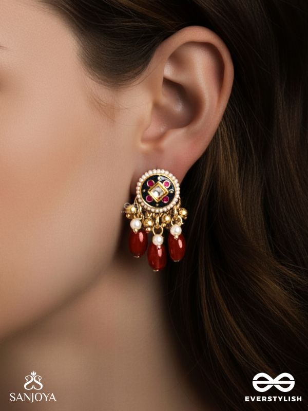 RUDRARAGA - MELODY OF RED - INTRICATE KUNDAN EARRINGS  WITH RUBY BEADS AND GOLDEN DETAILS