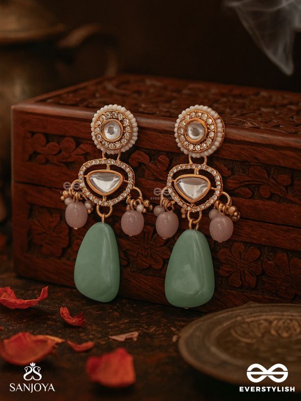 SHITALA - COOLING GRACE - CLASSIC GREEN KUNDAN POLKI EARRINGS WITH GOLDEN DETAILS AND SOFT GEM ACCENTS