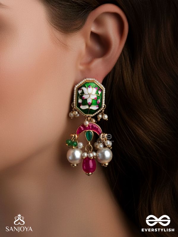 INDULEKHA - MOON'S BEAUTY - EXQUISITE CRESCENT-MOTIF KUNDAN EARRINGS WITH ENAMEL DETAILS AND PEARL DROPS