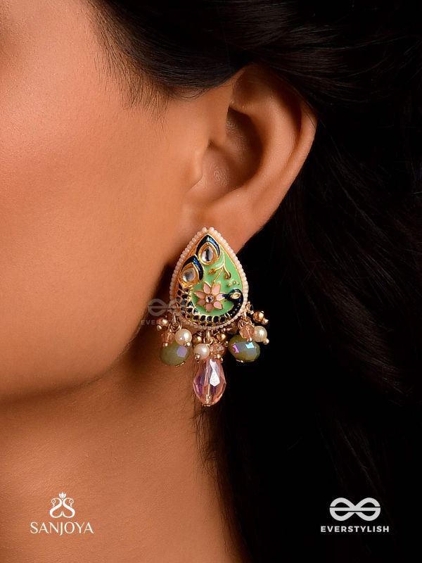 MADHURIMA - SWEET ELEGANCE - HANDCRAFTED HERITAGE KUNDAN EARRINGS WITH GOLDEN POLKI AND GEM DROPS