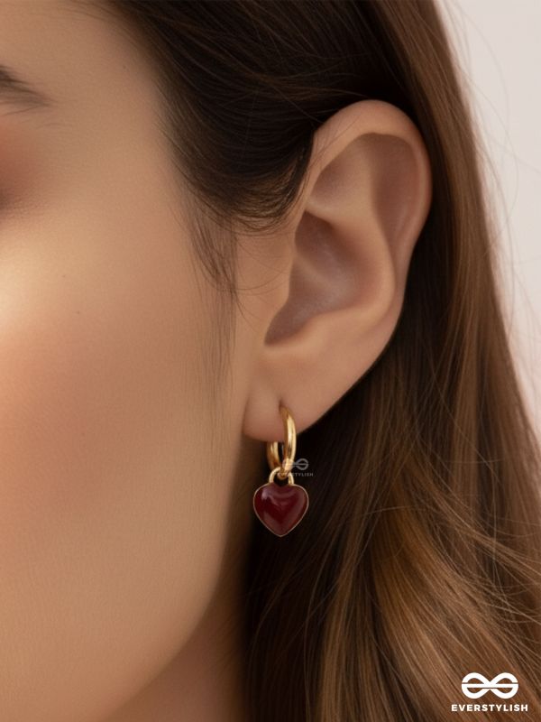 SCARLET CHARM - DAINTY HOOPS WITH A DEEP RED HEART