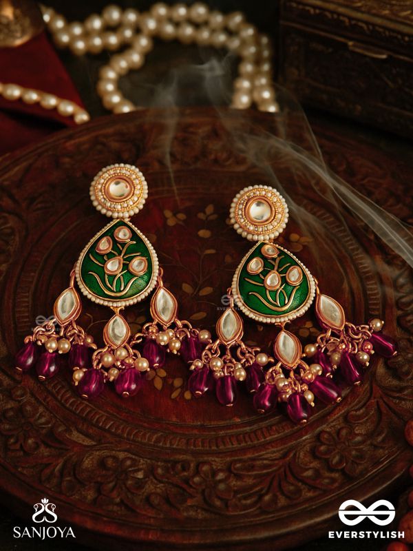 SINDURYA - SCARLET RAYS- GRAND CRESCENT ENAMEL KUNDAN EARRINGS WITH PEARLS AND BEADS
