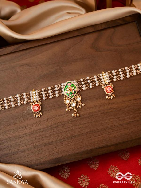 SHRINGARIKA - THE ADORNED ONE- ELEGANT PEARL NECKLACE WITH GREEN ENAMEL DROP, KUNDAN AND BEADS