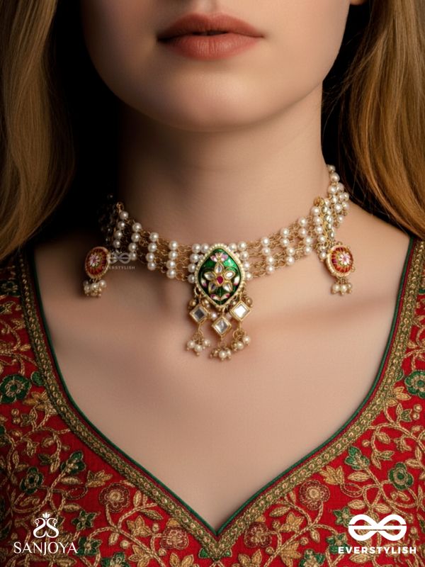 SHRINGARIKA - THE ADORNED ONE- ELEGANT PEARL NECKLACE WITH GREEN ENAMEL DROP, KUNDAN AND BEADS
