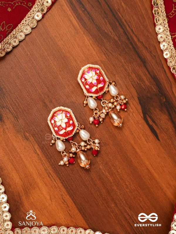 ABHARANI - THE ADORNED QUEEN- FINE TRADITIONAL KUNDAN EARRINGS WITH RED ENAMEL WORK, PEARL AND BEADS