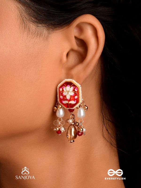 ABHARANI - THE ADORNED QUEEN- FINE TRADITIONAL KUNDAN EARRINGS WITH RED ENAMEL WORK, PEARL AND BEADS