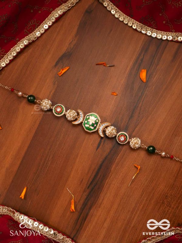 SHASHIRATNA - MOON GEM- MINIMALISTIC KUNDAN ENAMEL NECKLACE WITH FLORAL CENTER, PEARL SPHERES AND CELESTIAL DESIGN
