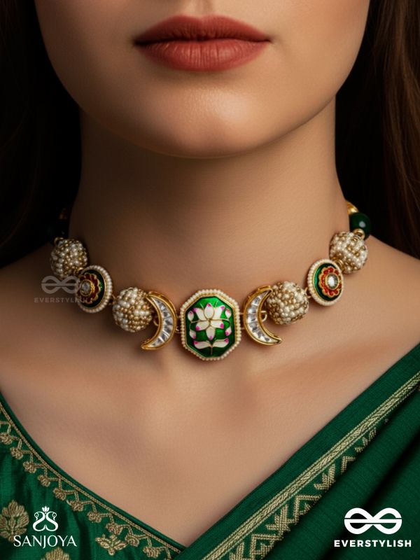 SHASHIRATNA - MOON GEM- MINIMALISTIC KUNDAN ENAMEL NECKLACE WITH FLORAL CENTER, PEARL SPHERES AND CELESTIAL DESIGN