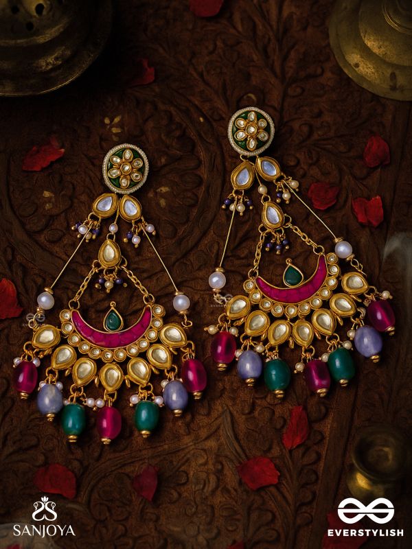 RANGAMAYA - FILLED WITH COLORS- INTRICATE KUNDAN CRESCENTS ENAMELLED EARRINGS WITH VIBRANT BEADED FRINGES AND PEARLS