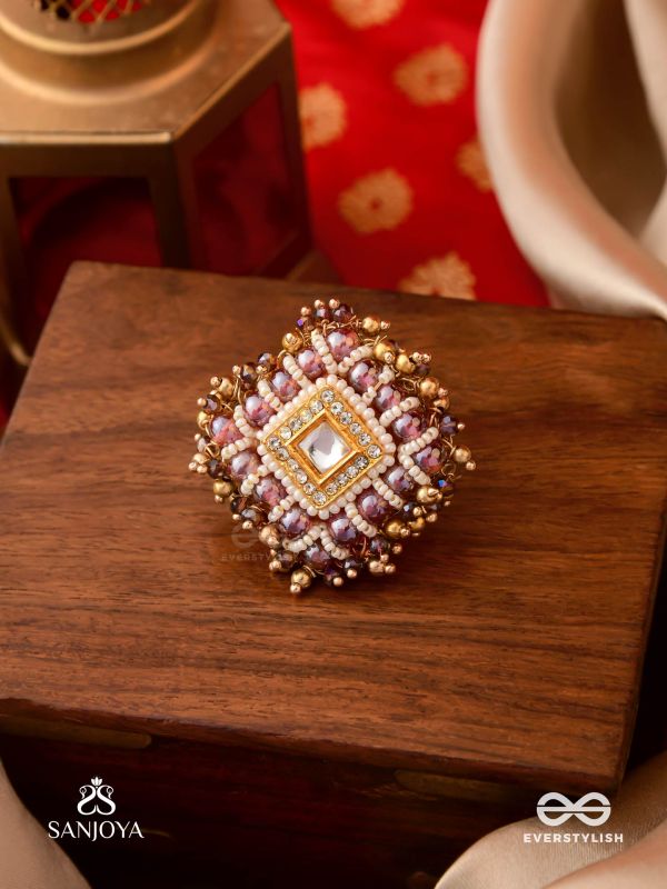 SHYAMALA - DUSKY QUEEN- GEOMETRIC POLKI RING WITH RICH GLASS DROPS AND PEARLS