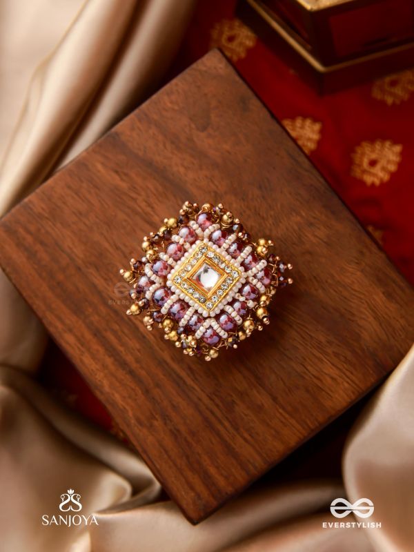 SHYAMALA - DUSKY QUEEN- GEOMETRIC POLKI RING WITH RICH GLASS DROPS AND PEARLS