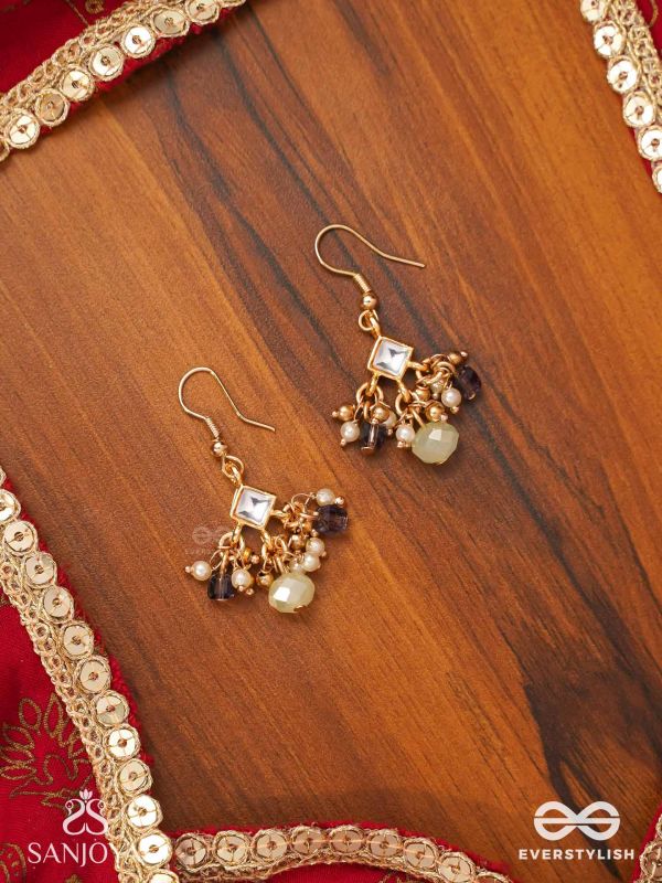 HARSHITA - THE JOYFUL ONE- DELICATE PEARL EARRINGS WITH MINI KUNDAN BLOOMS AND GREEN GEM DROPLETS