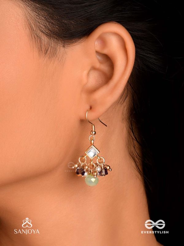HARSHITA - THE JOYFUL ONE- DELICATE PEARL EARRINGS WITH MINI KUNDAN BLOOMS AND GREEN GEM DROPLETS