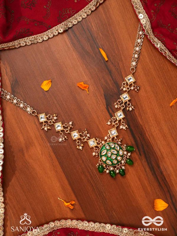 ARUNODAYA - DAWN RAYS- SYMMETRICAL KUNDAN POLKI NECKPIECE WITH EMERALD GREEN ENAMEL ACCENT, PEARLS AND BEADS
