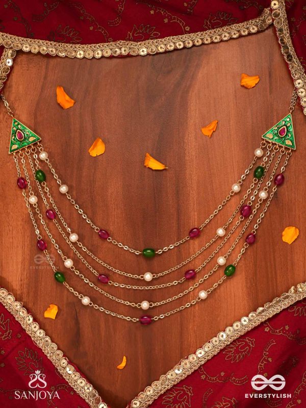 RANGLEKHA - LINES OF COLOR-  LAYERED GOLDEN CHAINED KUNDAN NECKPIECE WITH VIBRANT GEM DROPS AND FLORAL ENAMELED EDGES