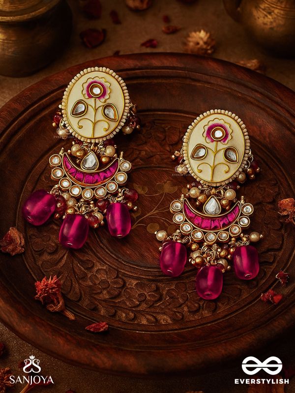 KAMALANGI - LOTUS-BODIED- FLORAL ENAMEL CENTRE DESIGN EARRINGS WITH TRIPLE CHAIN LAYERS AND RUBY BEADS AND PEARLS