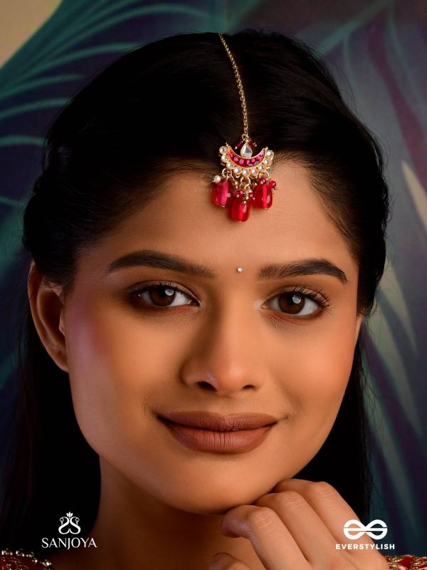 KAMALANGI - LOTUS-BODIED- FLORAL ENAMEL CENTRE DESIGN MAANGTIKA WITH TRIPLE CHAIN LAYERS AND RUBY BAEDS AND PEARLS