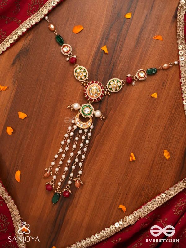 UTKALINI - EXQUISITELY DESIGNED- ENAMEL KUNDAN NECKPIECE WITH LAYERED PEARL FRINGES AND VIBRANT BEADS