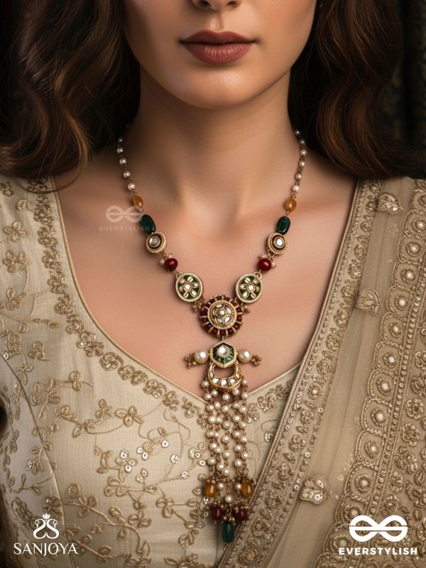 UTKALINI - EXQUISITELY DESIGNED- ENAMEL KUNDAN NECKPIECE WITH LAYERED PEARL FRINGES AND VIBRANT BEADS