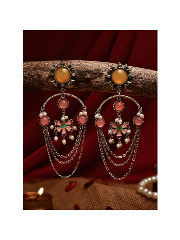 SUNSET GLORY – ORANGE ENAMELLED OXIDISED EARRING