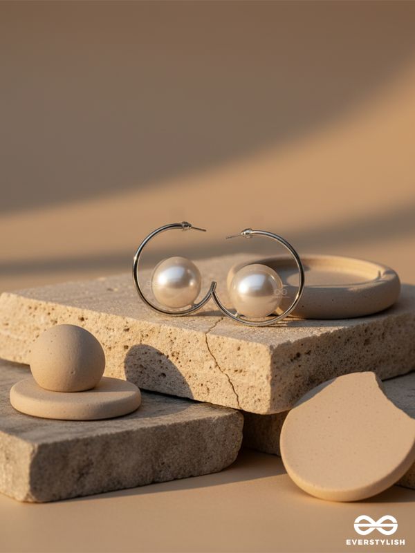 LUNAR LOOP – MODERN PEARL EARRINGS IN A SILVER HOOP DESIGN