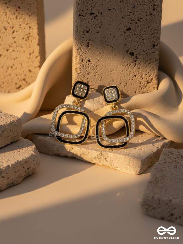 SQUARE LOOP – MODERN BLACK & GOLD DROP EARRINGS