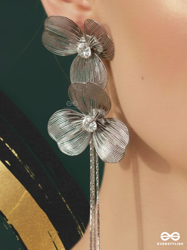 PETAL GLIDE – MODERN SILVER FLORAL FRINGE EARRINGS