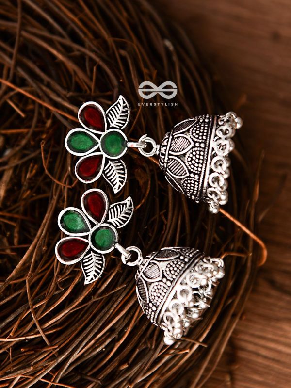 The Floral Delight Meenakari Arwork Jhumkis (Red-Green)
