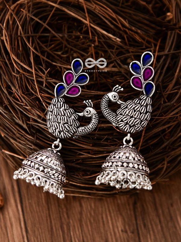 The Enamelled Dancing Peacocks Meenakari Artwork Jhumkas - (Pink-Blue)