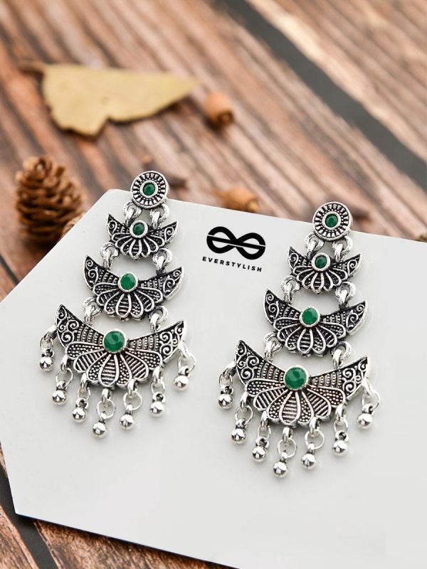 The Embellished Oxidised Collection - Triple Delight Earrings - Green
