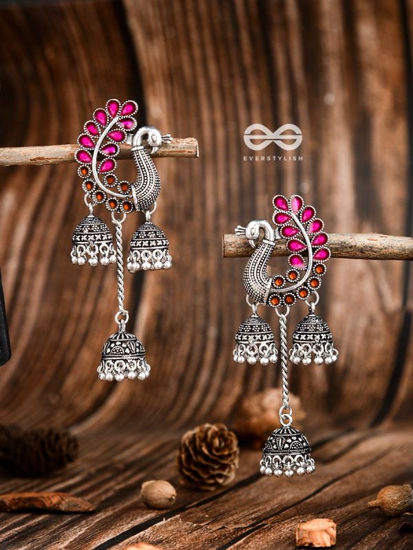 The Enamelled Peacocks Triple Jhumki Statement Earrings - Pink-Brown