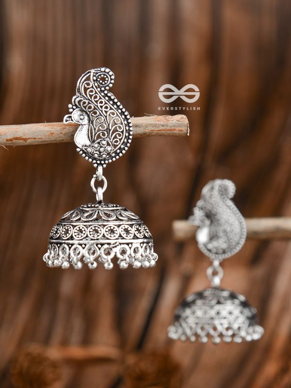 The Intricate Peacock Jhumkis - Oxidised Boho Earrings