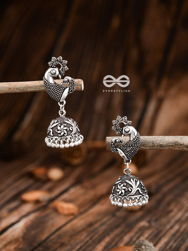 The Vintage Artistic Peacock Jhumkis - Oxidised Earrings