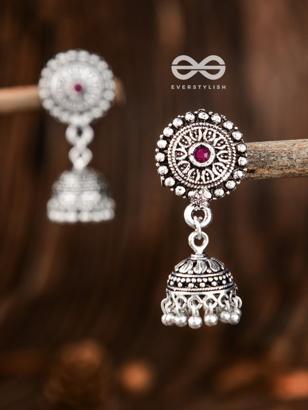 The Little Aztec Jhumkis (Ruby Red) - Embellished Oxidised Collection