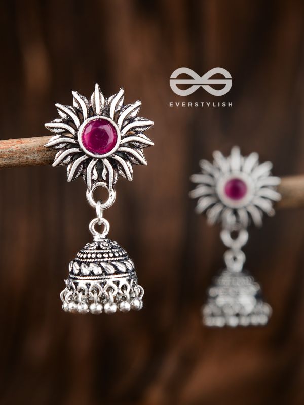 The Artsy Floral Jhumkis (Ruby Red) - Embellished Oxidised Collection