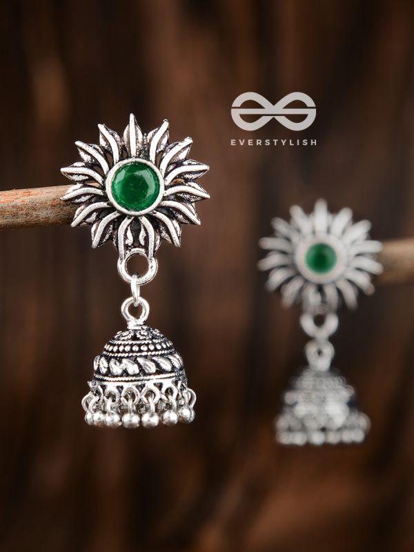The Artsy Floral Jhumkis (Emerald Green) - Embellished Oxidised Collection