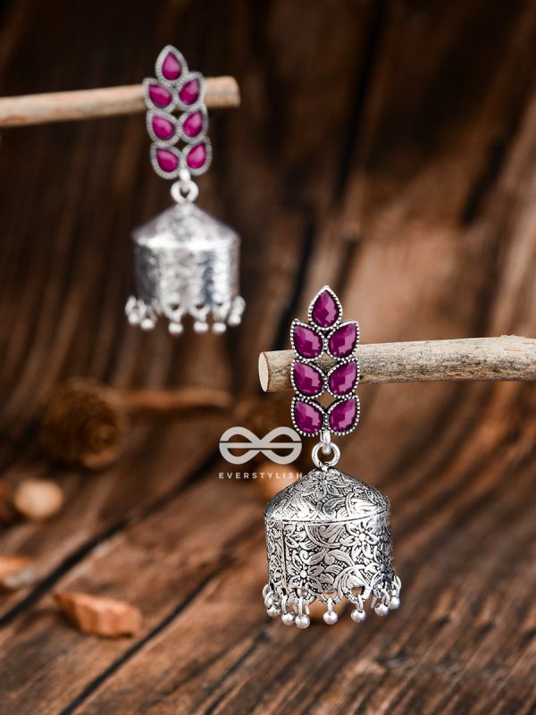 The Olive Branch Intricate Drum Jhumkis - Ruby Red- The Embellished Oxidised Collection
