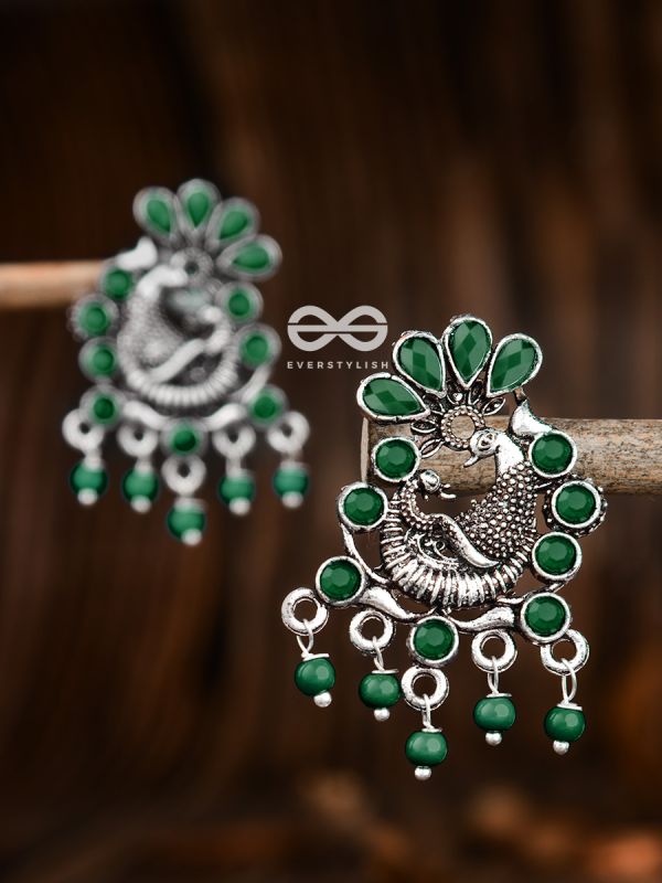 The Dangling Peacock Studs (Emerald Green) - Embellished Oxidised Collection