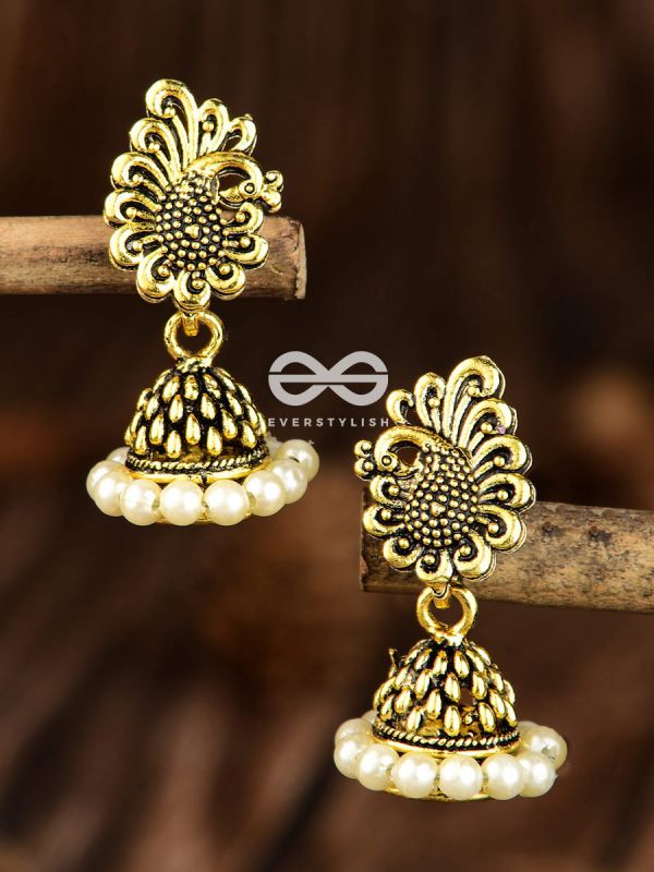 The Tiny Golden Peacock Pearl Jhumkis - Tiny Trinket Earrings