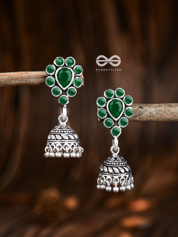 The Shimmery Droplet Jhumkis (Emerald Green) - The Embellished Oxidised Collection