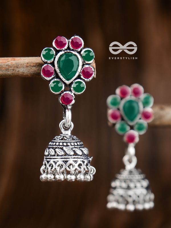 The Shimmery Droplet Jhumkis (Ruby Emerald) - The Embellished Oxidised Collection